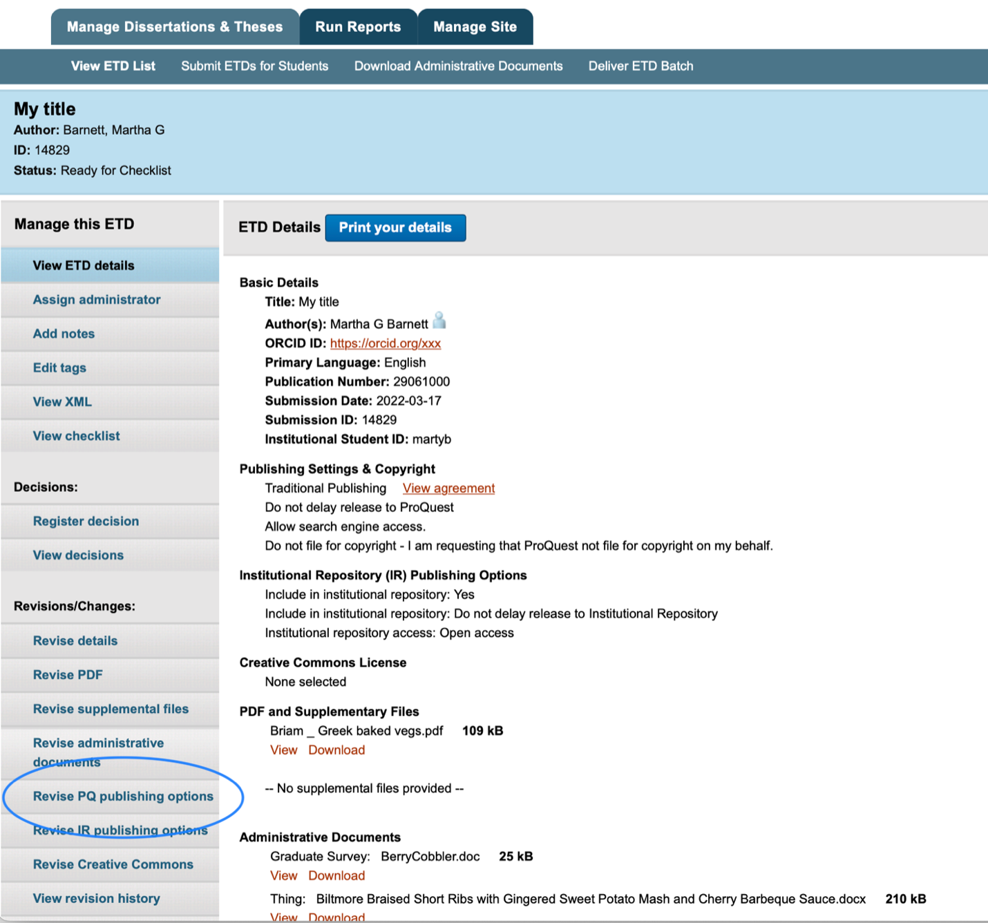 example screen in ProQuest showing menu item for revising publishing options