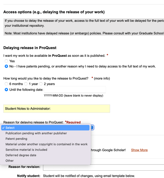 example screenshot showing how to set date and reason for delaying release of etd